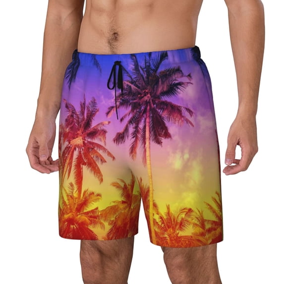 Picia Palm Trees at Sunset pattern Mens Swim Trunks with Compression Liner Stretch Beach Shorts Quick Dry with Zipper Pockets No-Chafing Board Shorts-X-Large