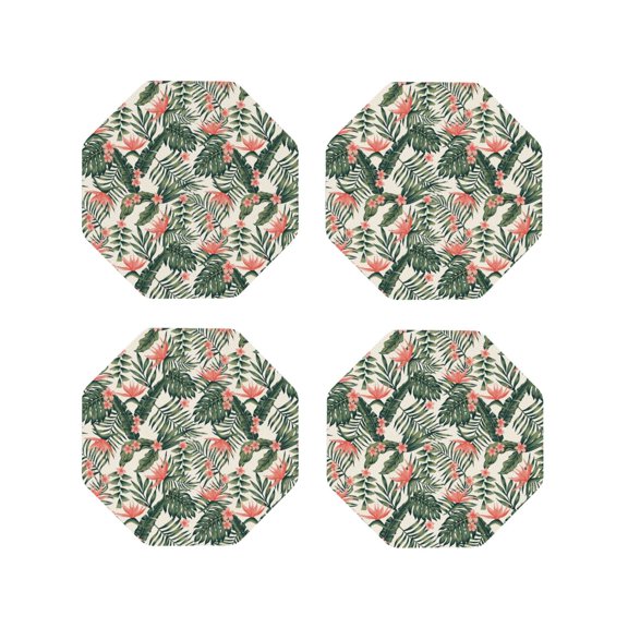 Picia Palm Trees and Tropical Printed Leather Coasters for Drinks, 4" Drink Coasters Set of 4 for Tabletop Protection, Handmade Luxurious Home Décor and Housewarming Gift -Octagon