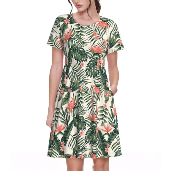 Picia Palm Trees and Tropical Pattern Women's Short Sleeve Summer Dress Pleated Loose Swing Knee Length Short Sleeve Swing Dresses