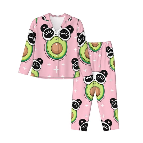Picia Panda Avocado Pattern Women’s Long-Sleeve Sleepwear Set - Soft 2-Piece Loungewear with Pockets, Comfy PJs for Relaxing Nights-X-Large