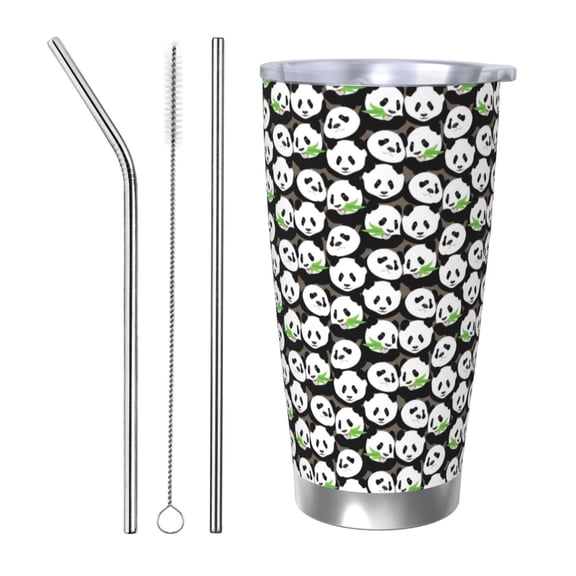 Picia Panda Bear Pattern 20 oz Tumbler Stainless Steel Vacuum Insulated Coffee Ice Cup Double Wall Travel Flask Dual Lid Water Bottle, Eco-friendly Car Cup-Straw Three-piece Set