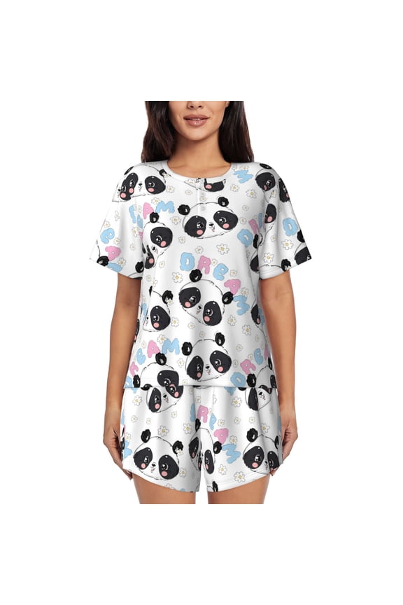 Panda Bear1 Pajamas Sets for Women Soft Short-Sleeved Pjs with Lounge Shorts Two Piece Sleepwear-Small