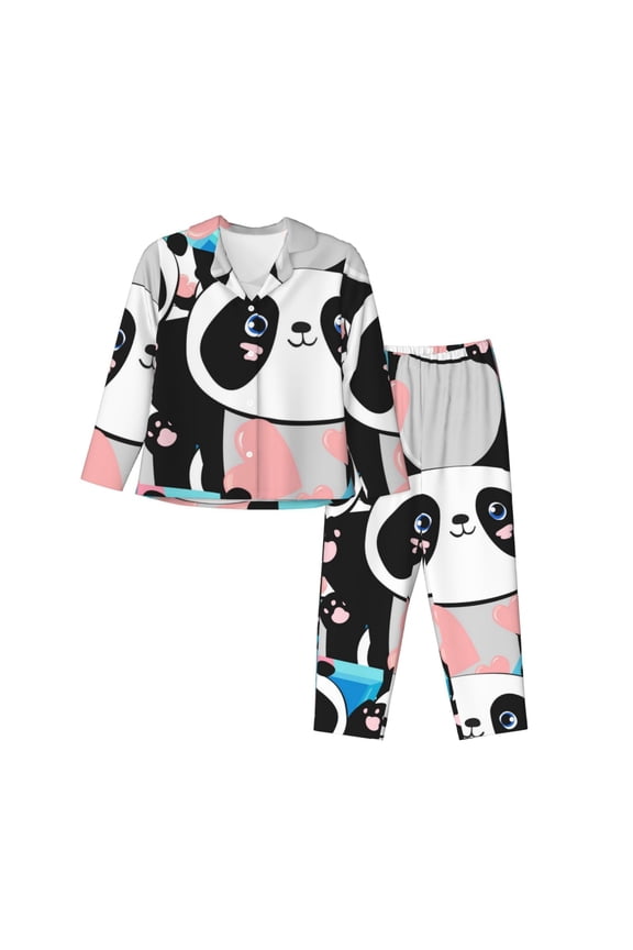 Panda Cute Pink Hearts Pattern Women’s Long-Sleeve Sleepwear Set - Soft 2-Piece Loungewear with Pockets, Comfy PJs for Relaxing Nights-Large