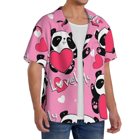 Picia Panda Heart Valentine Pink Men's Linen Shirts Short Sleeve Cuban Beach Shirts Casual Shirts Button Down Shirt for Men Beach Summer Wedding Shirt-3X-Large