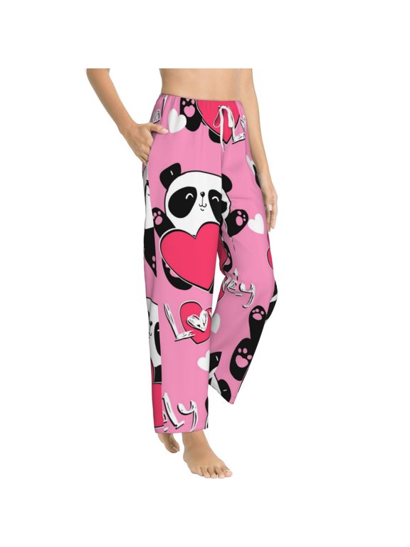 Panda Heart Valentine Pink Womens Soft Woven Cotton Elastic Waistband Sleep Pajama Pant Lounge Sleep Pant With Pockets And Drawstring-Small