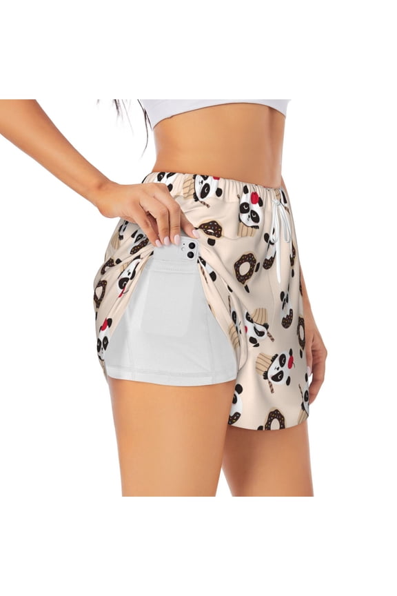 Panda Ice Creams Donuts Pattern Women's 2 in 1 Athletic Running Shorts High Waisted Workout Casual Gym Sweat Shorts with Comfy Liner Zipper Pockets-Medium