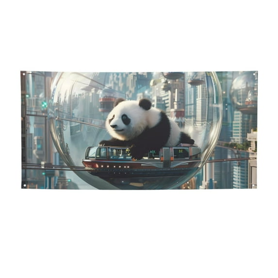 Picia Panda In Futuristic City Pattern Party Banner, Festive Decoration, Holiday Banner, Celebration Decor, Event Banner, Reusable Party Banner-Medium