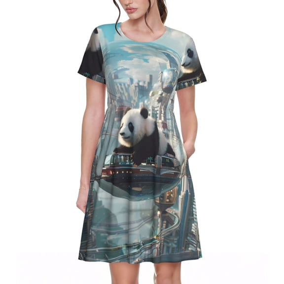 Picia Panda In Futuristic City Pattern Women's Short Sleeve Summer Dress Pleated Loose Swing Knee Length Short Sleeve Swing Dresses
