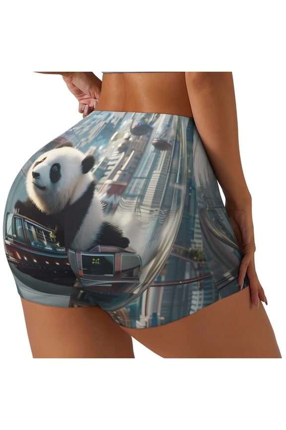 Panda In Futuristic City Printed Workout Shorts for Women Seamless Scrunch Butt Lifting High Waisted Yoga Gym Booty Running Moisture-wicking Short Pants-XX-Large