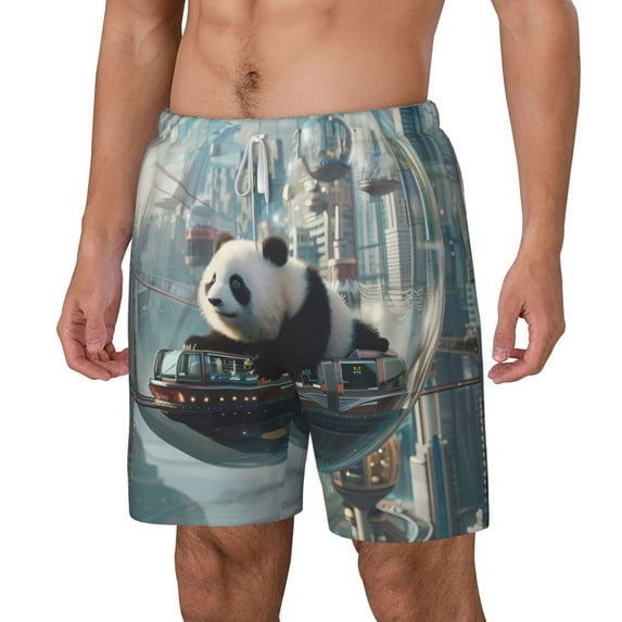 Picia Panda In Futuristic City pattern Mens Swim Trunks with Compression Liner Stretch Beach Shorts Quick Dry with Zipper Pockets No-Chafing Board Shorts-Large