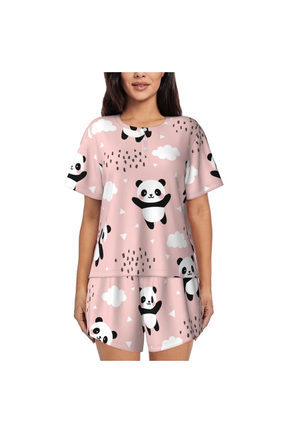 Panda Pajamas Sets for Women Soft Short-Sleeved Pjs with Lounge Shorts Two Piece Sleepwear-