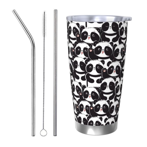 Picia Panda Pattern 20 oz Tumbler Stainless Steel Vacuum Insulated Coffee Ice Cup Double Wall Travel Flask Dual Lid Water Bottle, Eco-friendly Car Cup-Straw Three-piece Set