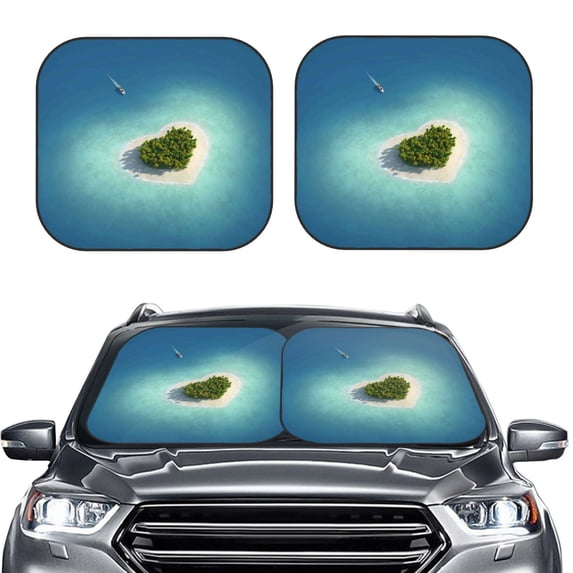 Picia Paradise Island In The Form Of Heart 2 Piece Car Windshield Sun Shade Foldable | Foldable Sun Shield for Front Window Blocks UV Rays and Keeps Your Vehicle Cool-