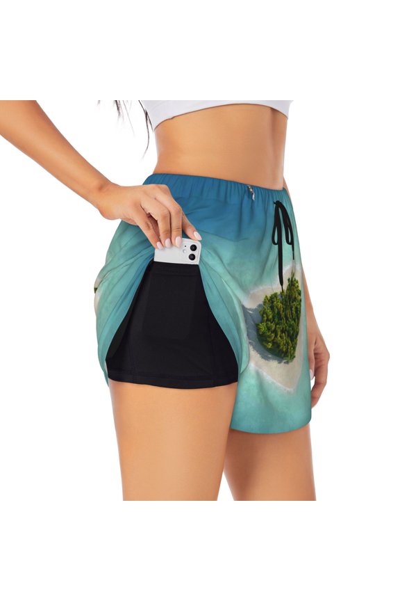 Paradise Island Pattern Women's 2 in 1 Athletic Running Shorts High Waisted Workout Casual Gym Sweat Shorts with Comfy Liner Zipper Pockets-