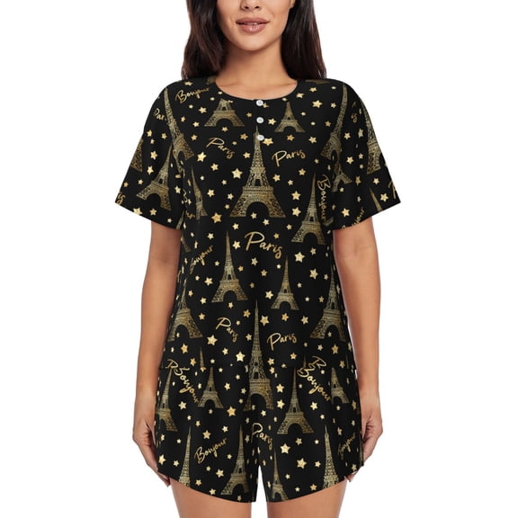 Picia Paris Romantic Pajamas Sets for Women Soft Short-Sleeved Pjs with Lounge Shorts Two Piece Sleepwear-Small