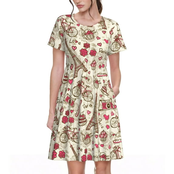 Picia Paris Vintage Pattern Women's Short Sleeve Summer Dress Pleated Loose Swing Knee Length Short Sleeve Swing Dresses