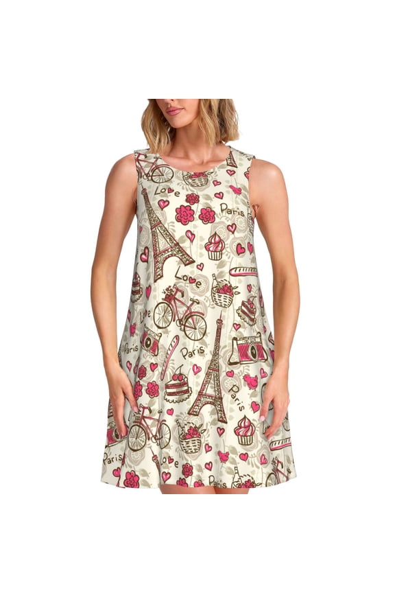 Paris Vintage Print Women’s Sleeveless Midi Swing Dress – A-Line Pleated Tank Sundress, Comfortable and Flowy T-Shirt Dress
