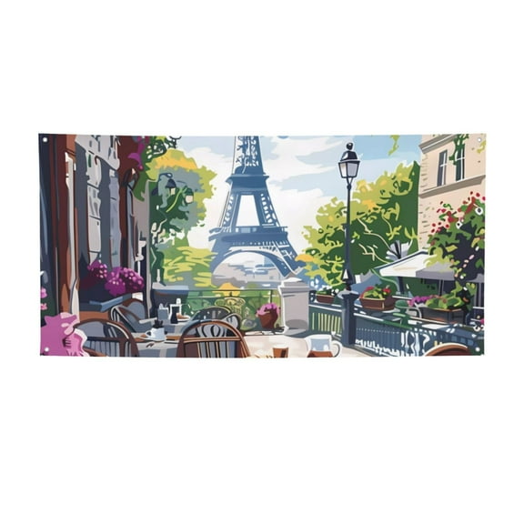 Picia Parisian Cafe With Eiffel Pattern Party Banner, Festive Decoration, Holiday Banner, Celebration Decor, Event Banner, Reusable Party Banner-Small