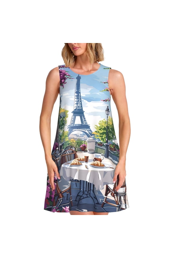 Parisian Cafe With Eiffel Print Women’s Sleeveless Midi Swing Dress – A-Line Pleated Tank Sundress, Comfortable and Flowy T-Shirt Dress