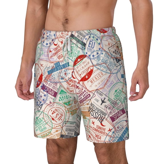 Picia Passport Stamp pattern Mens Swim Trunks with Compression Liner Stretch Beach Shorts Quick Dry with Zipper Pockets No-Chafing Board Shorts-3X-Large