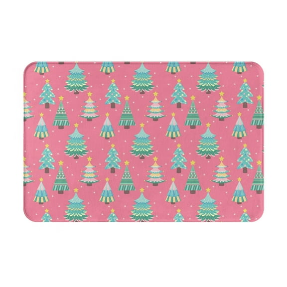 Picia Pastel Christmas Trees on Pink Pattern Flannel Doormat – 16x24 Inch Non-Slip Indoor Mat, Absorbent & Quick-Dry Rug for Entryway, Bathroom, Kitchen, and Bedroom, Machine Washable