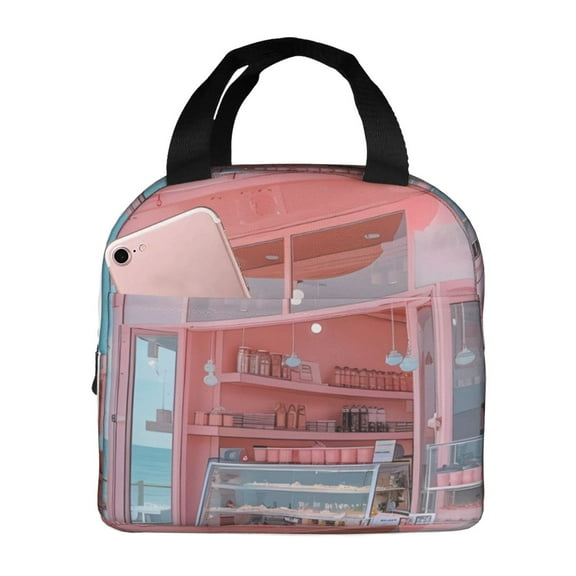 Picia Pastel Pink Beach Cafe Printed Lunch box Lunch bag for Men Women Large Capacity Lunchbox Reusable Lunch Bags Insulated Lunch Bag Lunch Box Cooler