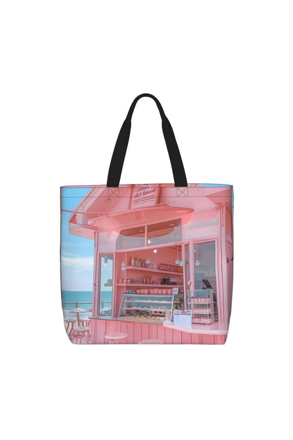 Pastel Pink Beach Cafe for Tote Bag for Women with Zipper, Gym Tote with Compartments, Laptop Work Tote Nurse Dance Yoga Bag for Sport, Travel