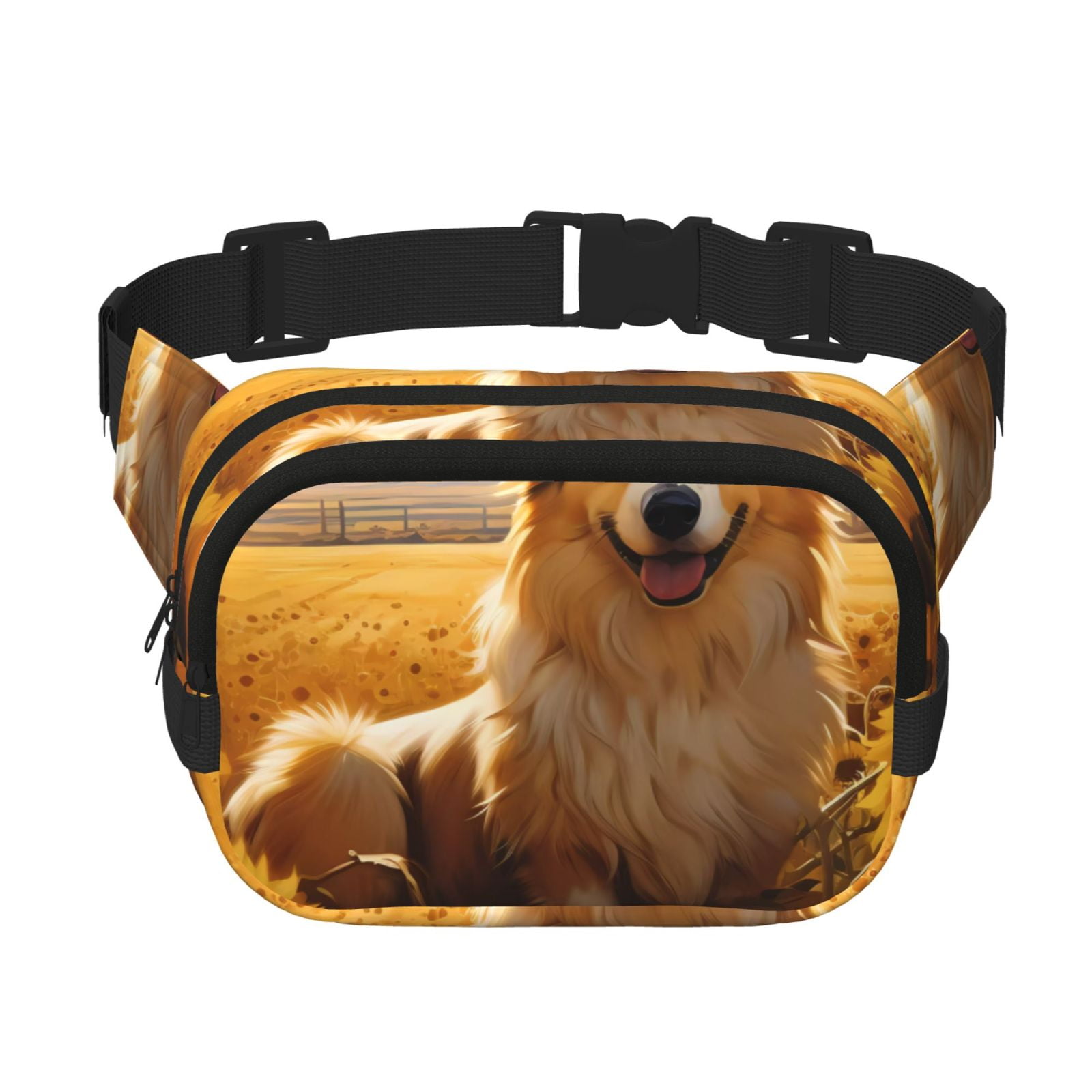 Picia Pastoral Sunflower Corgi Print Square Double-Layer Waist Bag Mini Adjustable Waist Belt Bag Exercise Running Travel Hiking