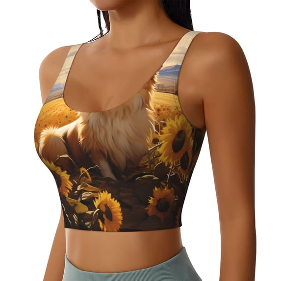 Picia Pastoral Sunflower Corgi Sports Bra for Women,Padded Strappy Sports Bras Medium Support Yoga Bra with Removable Cups,Running Yoga Bra-X-Large