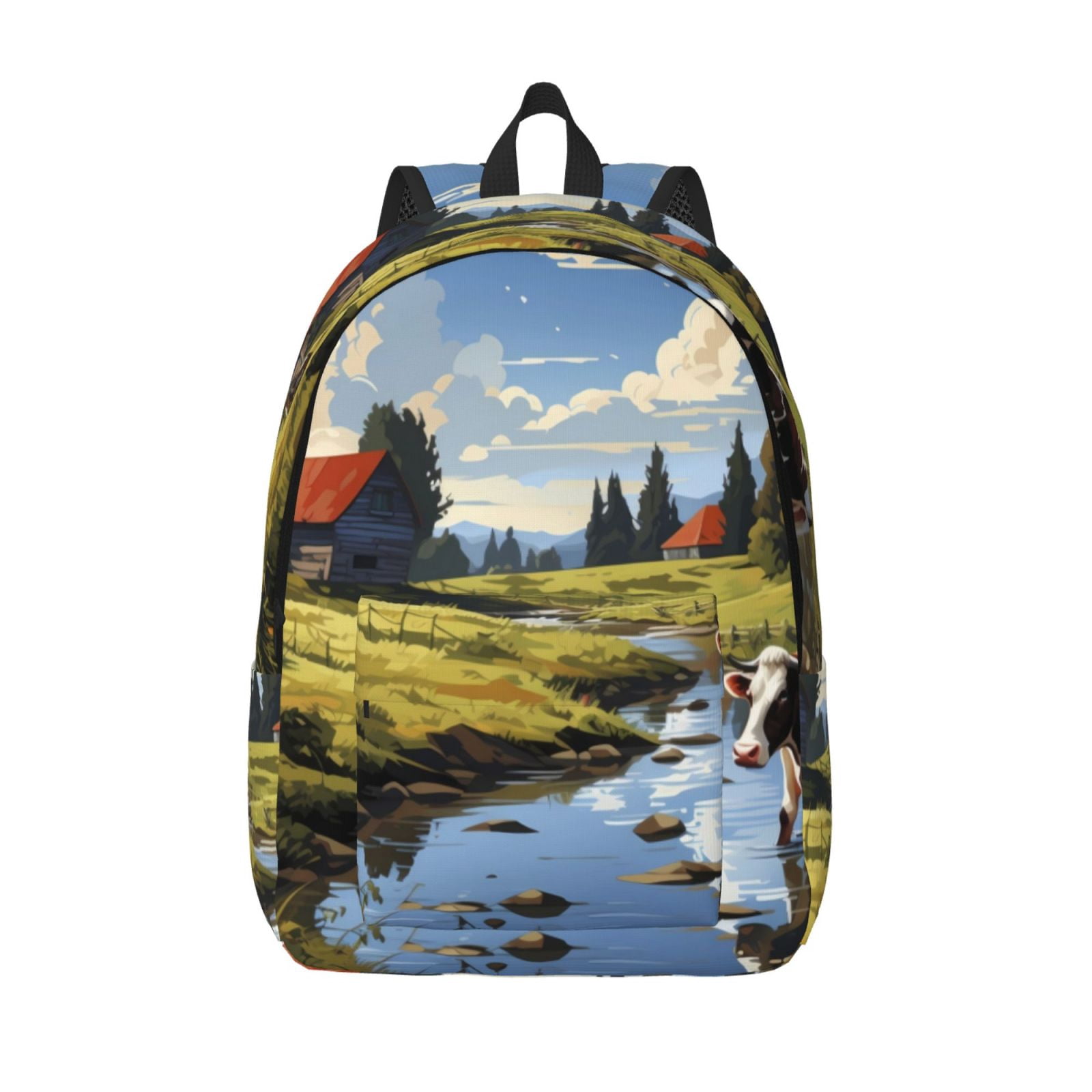 Picia Pasture Cow A Printed Canvas Daypack - Stylish and Durable Vintage Compact Backpack - Class, Work, Travel, or Laptop Bookbag,Organized Compartments-Medium