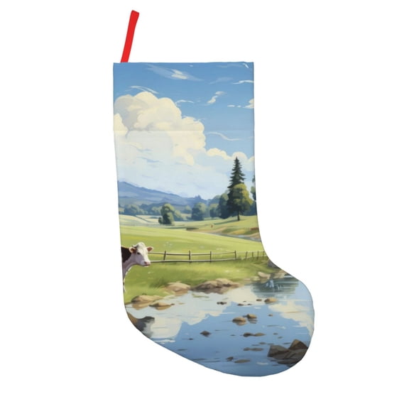 Picia Pasture Cow Pattern Christmas Stockings, 18 Inches Knit Christmas Stockings, Stockings Christmas Cable Knitted Xmas Hanging Stockings