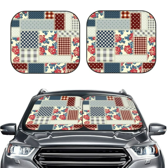 Picia Patchwork In Country Style 2 Piece Car Windshield Sun Shade Foldable | Foldable Sun Shield for Front Window Blocks UV Rays and Keeps Your Vehicle Cool-Small