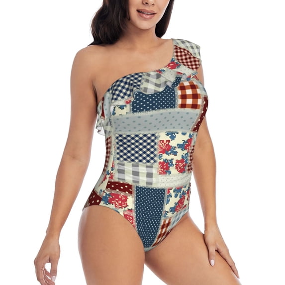 Picia Patchwork In Country Style Pattern Women's One Piece Swimsuits,One Shoulder Swimwear Asymmetric ,Ruffle Monokinis Bathing Suits,High Waisted Flattering Bathing Suits-