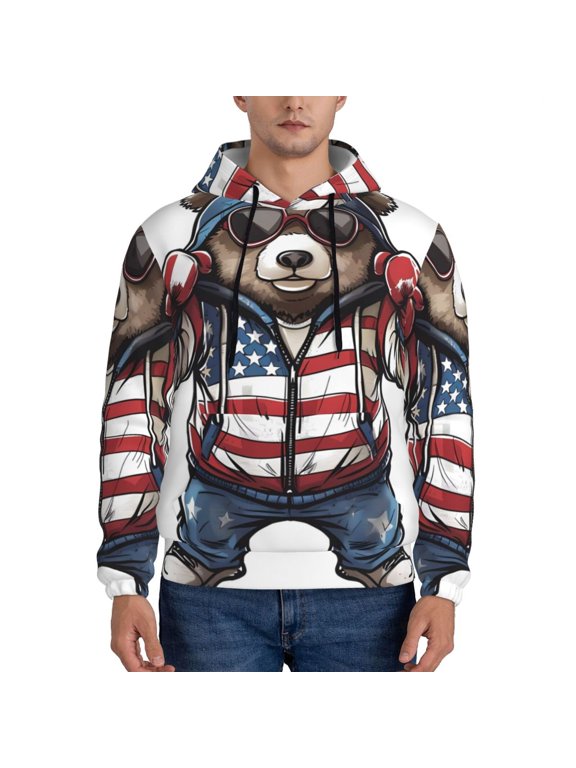 Patriotic Boxing Bear Art Pattern Casual Men's Hoodie - Lightweight Hooded Sweatshirt with Kangaroo Pocket, Comfortable Pullover for Everyday, Travel-Medium