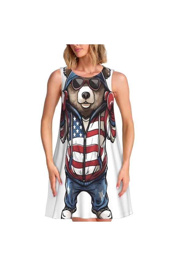 Patriotic Boxing Bear Art Print Women’s Sleeveless Midi Swing Dress – A-Line Pleated Tank Sundress, Comfortable and Flowy T-Shirt Dress