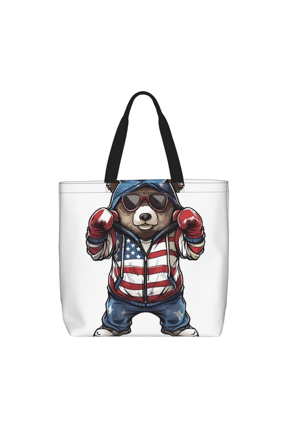 Patriotic Boxing Bear Art for Tote Bag for Women with Zipper, Gym Tote with Compartments, Laptop Work Tote Nurse Dance Yoga Bag for Sport, Travel