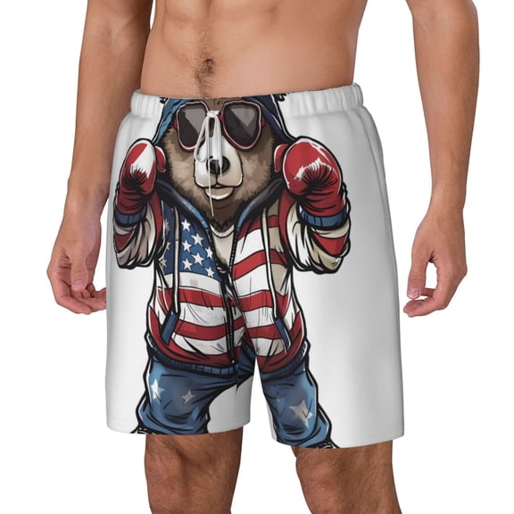 Picia Patriotic Boxing Bear Art pattern Mens Swim Trunks with Compression Liner Stretch Beach Shorts Quick Dry with Zipper Pockets No-Chafing Board Shorts-3X-Large