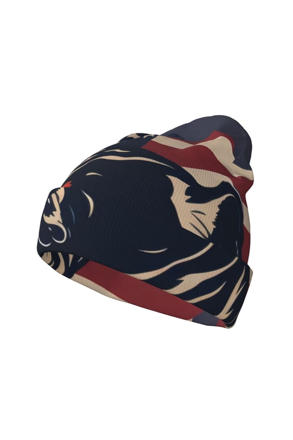 Patriotic Bulldog Art Pattern Knitted Beanie Hat for Men and Women , Unisex Winter Warm Stretchy Knit Cap Thick Fisherman Beanies Cuffed Plain Skull Caps