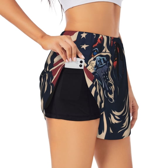 Picia Patriotic Bulldog Art Pattern Women's 2 in 1 Athletic Running Shorts High Waisted Workout Casual Gym Sweat Shorts with Comfy Liner Zipper Pockets-Small