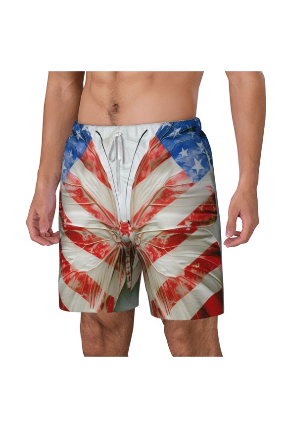 Patriotic Butterfly Floral pattern Mens Swim Trunks with Compression Liner Stretch Beach Shorts Quick Dry with Zipper Pockets No-Chafing Board Shorts-Medium