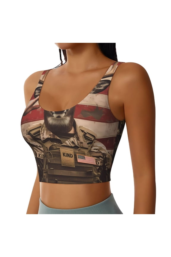 Patriotic Deer Soldier Salute Sports Bra for Women,Padded Strappy Sports Bras Medium Support Yoga Bra with Removable Cups,Running Yoga Bra-Medium
