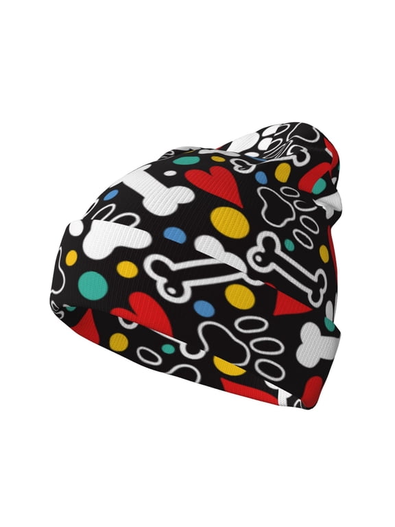 Paw And Bones Pattern Knitted Beanie Hat for Men and Women , Unisex Winter Warm Stretchy Knit Cap Thick Fisherman Beanies Cuffed Plain Skull Caps