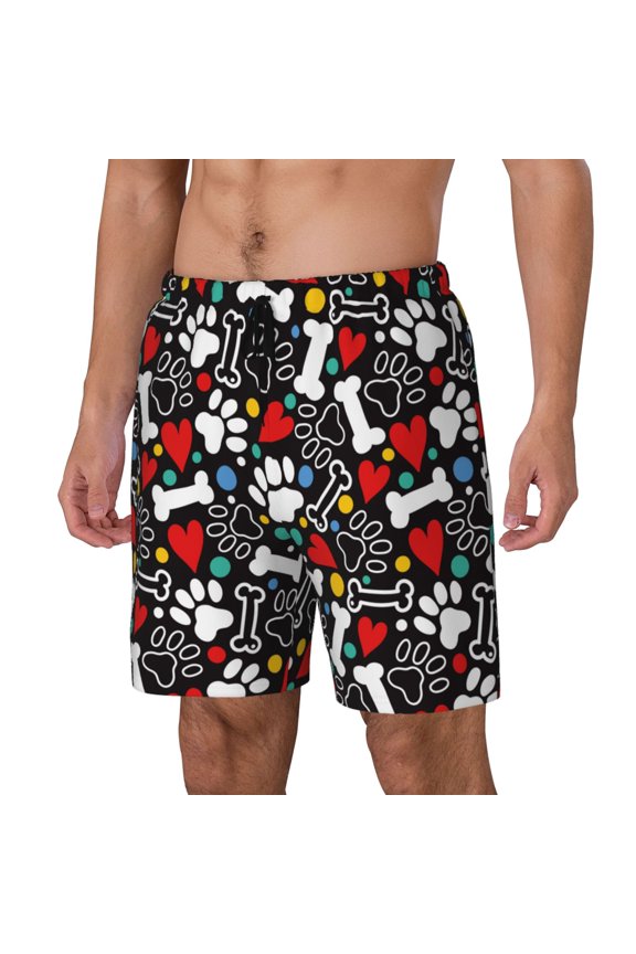 Paw And Bones pattern Mens Swim Trunks with Compression Liner Stretch Beach Shorts Quick Dry with Zipper Pockets No-Chafing Board Shorts-Small