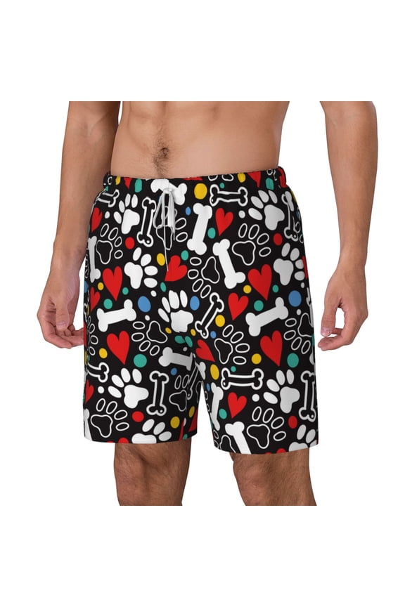 Paw And Bones pattern Mens Swim Trunks with Compression Liner Stretch Beach Shorts Quick Dry with Zipper Pockets No-Chafing Board Shorts-Small