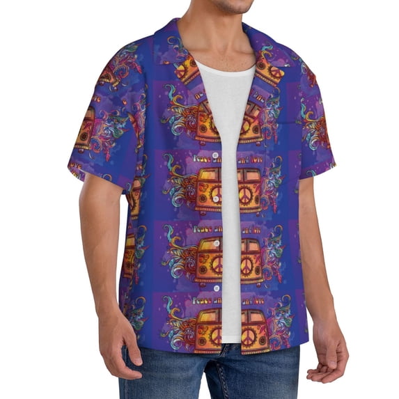Picia Peace And Love Men's Linen Shirts Short Sleeve Cuban Beach Shirts Casual Shirts Button Down Shirt for Men Beach Summer Wedding Shirt-Small