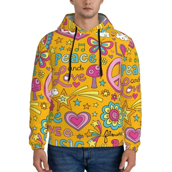 Picia Peace Love and Dove Flower Power Pattern Casual Men's Hoodie - Lightweight Hooded Sweatshirt with Kangaroo Pocket, Comfortable Pullover for Everyday, Travel-X-Large