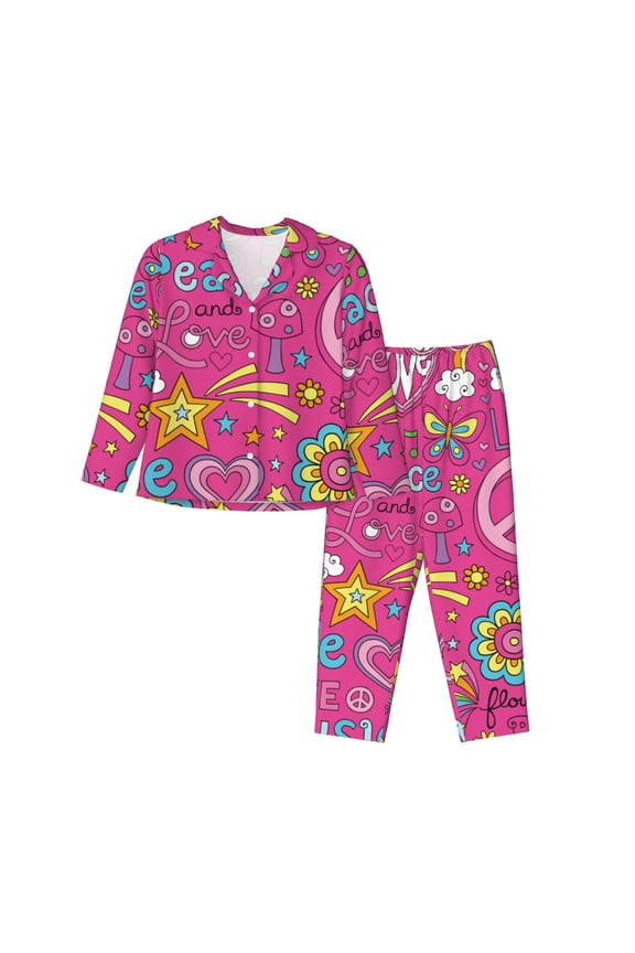 Peace Love and Dove Flower Power Pattern Women’s Long-Sleeve Sleepwear Set - Soft 2-Piece Loungewear with Pockets, Comfy PJs for Relaxing Nights-