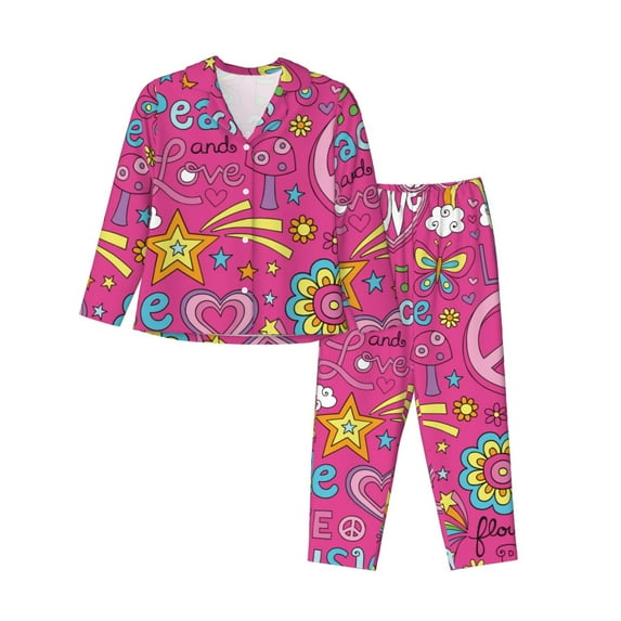 Picia Peace Love and Dove Flower Power Pattern Women’s Long-Sleeve Sleepwear Set - Soft 2-Piece Loungewear with Pockets, Comfy PJs for Relaxing Nights-X-Large