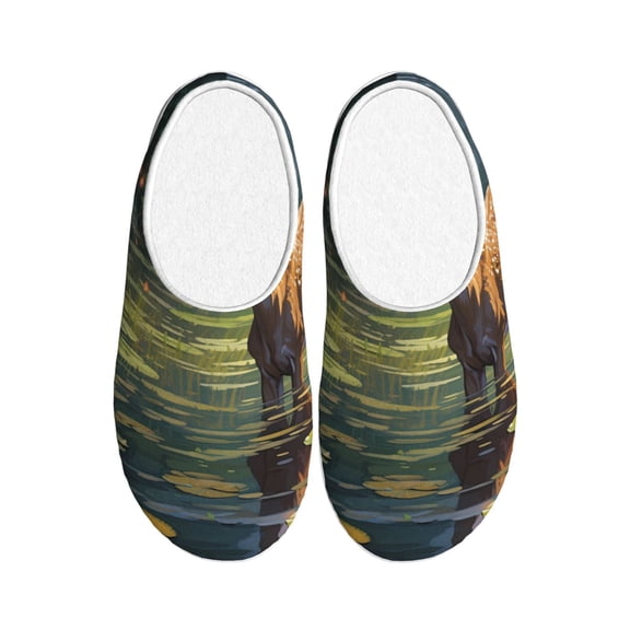 Picia Peaceful Deer Lily Pond for Women's Lamb-hug Comfy Fleece House Slippers Memory Foam, Slip-on House Shoes Indoor Outdoor-42/43