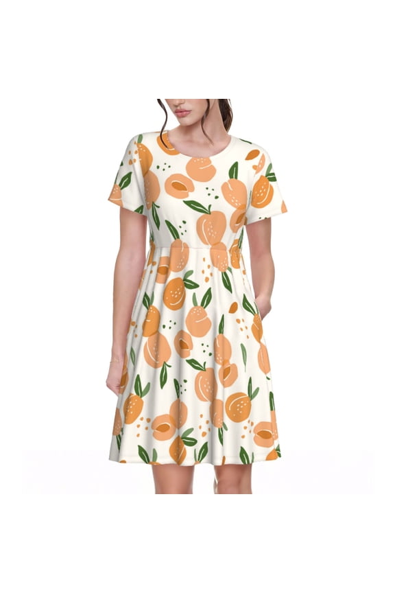 Peaches Pattern Women's Short Sleeve Summer Dress Pleated Loose Swing Knee Length Short Sleeve Swing Dresses